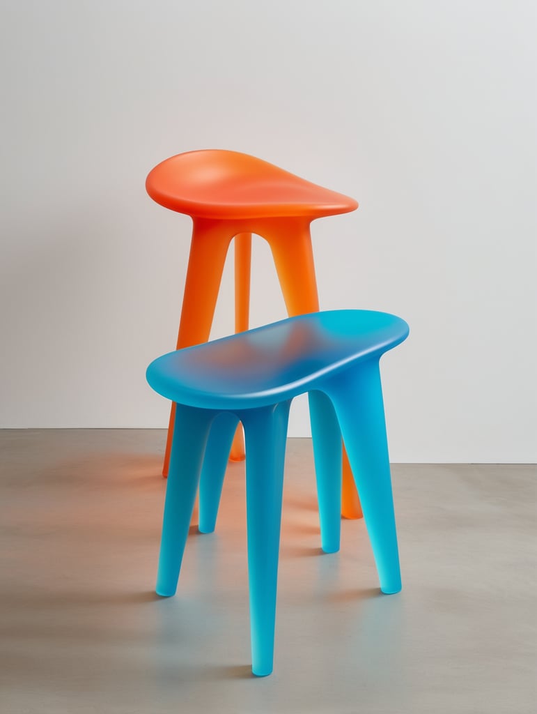 A contemporary minimalist semi-translucent silicone stool with vibrant cyan blue and orange gradient colors as if designed by hi studio.