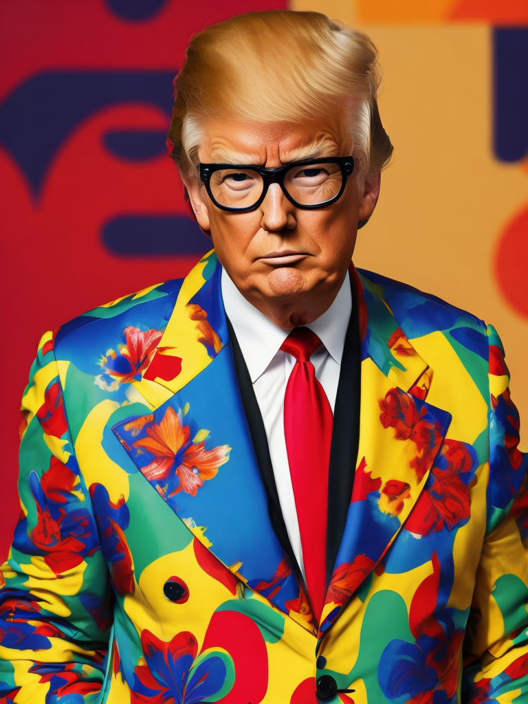 Donald Trump wearing a brightly patterned jacket and wayfarer glasses, Vivid saturated colors, Contrast color