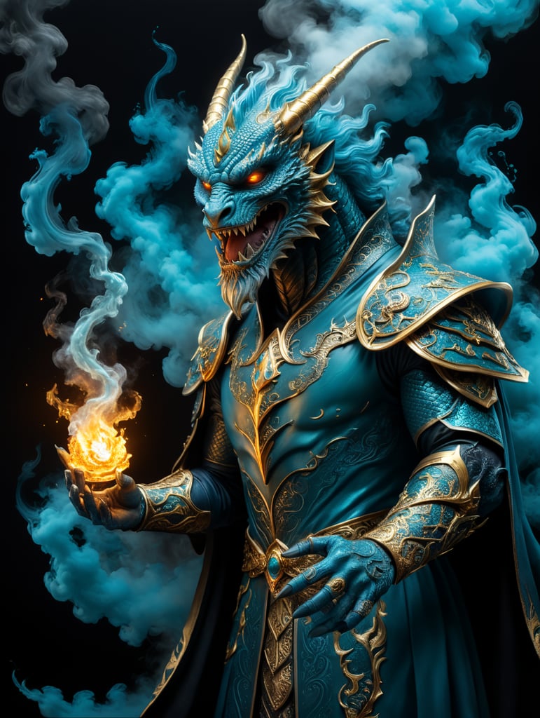 Earthy [glowing blue and dark cyan duotone] and [metallic gold] [a master illusionist wizard conjuring a phantasmal dragon out of smoke in his palm ], blended airbrush(ink gel) art and alcohol fine pen art, black background , 500 mp UHD,precise , sharp focus , no blur , extraordinarily magically realistic --ar 3:2 --style raw