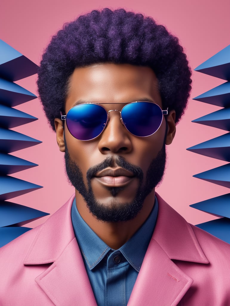 Afro ebony man, sunglasses, avant-garde, simplygo, photoshoot spread, dressed in all indigo, pink background, harpers bizarre, cover, headshot, hyper realistic