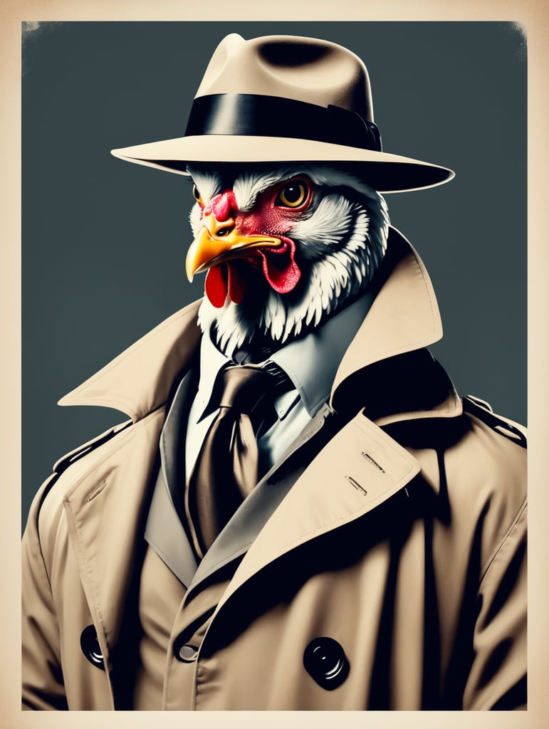 film noir style movie poster with a chicken wearing a trench coat and fedora.