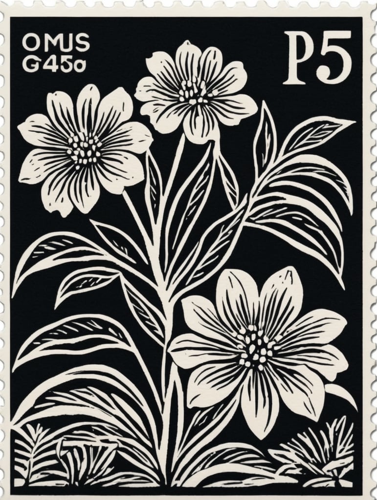 Black and white linocut postage stamp pepper garden thick bold dark lines