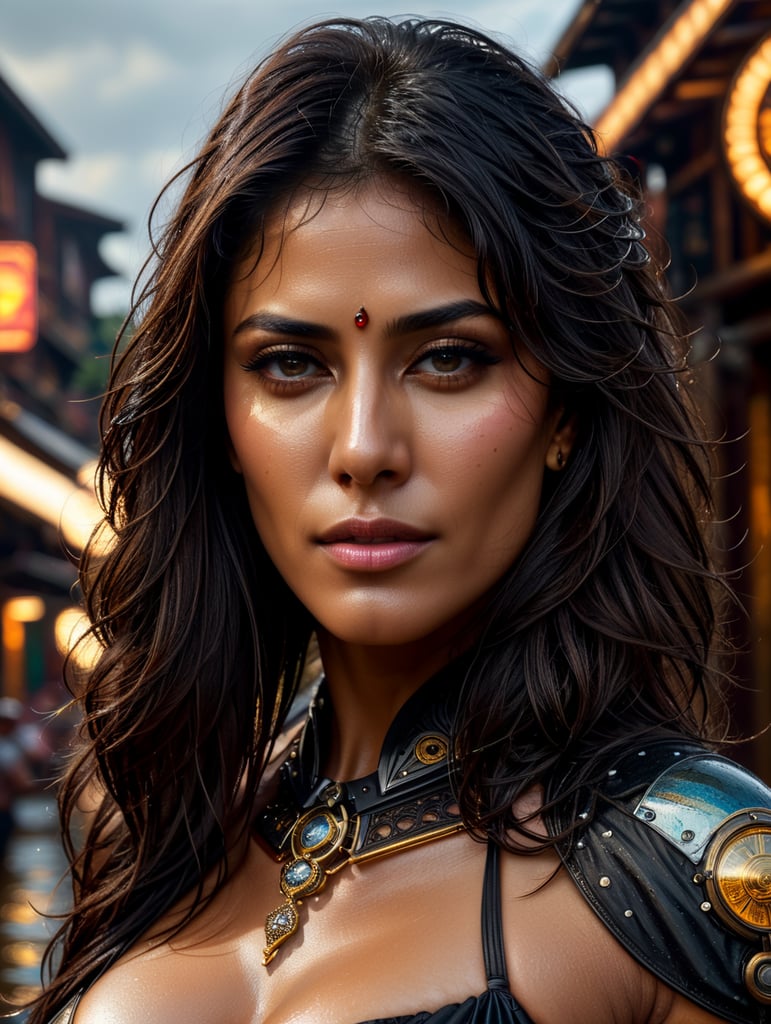 "Chitrangada Singh outside in the rain, dusky skin, big beautiful kohl eyes, wet dense black long hair, black eyes, alluring, revealing string bikini, blushing. Intricate details, HDR, beautifully shot, hyperrealistic, sharp focus, 64 megapixels, perfect composition, high contrast, cinematic, atmospheric, mid shot, photorealistic" "head and shoulders portrait, 8k resolution, provocative string bikini revealing, Greg Rutkowski, Artgerm, Alphonse Mucha dynamic lighting hyperdetailed intricately detailed Splash art trending on Artstation triadic colors Unreal Engine 5 volumetric lighting, steampunk engine"