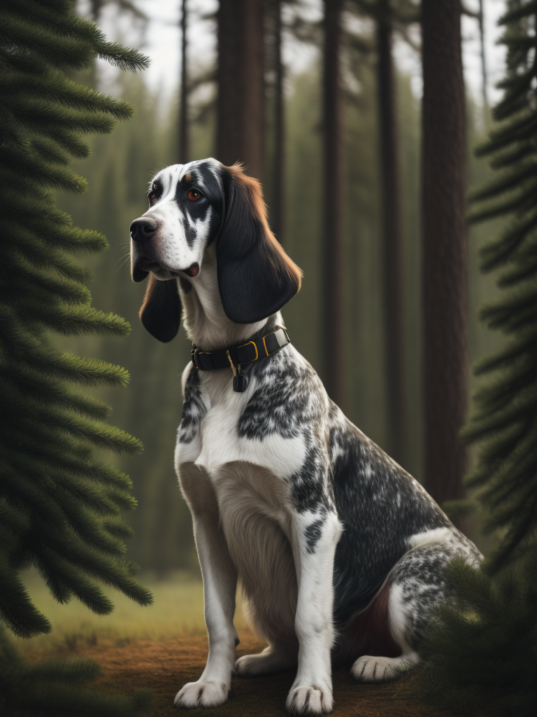 English setter dog portrait surrounded by fir tree forest in black metal outfit