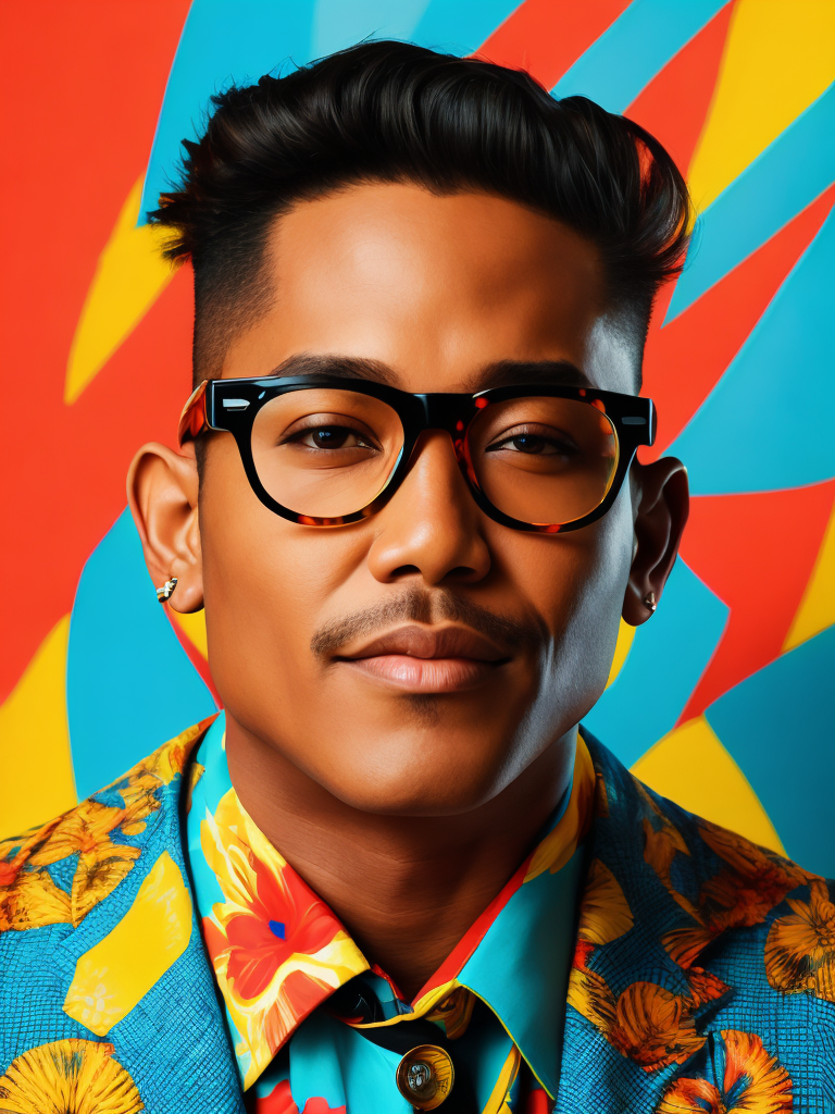 Hawaiian singer wearing a brightly patterned jacket and wayfarer glasses, Vivid saturated colors, Contrast color