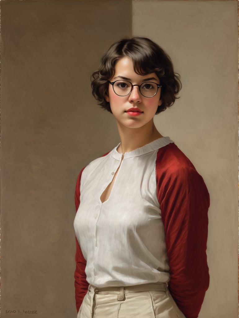 A masterpiece painting by Diego Velázquez of a beautiful young woman with short hair, wearing glasses, and classical white top with red cover