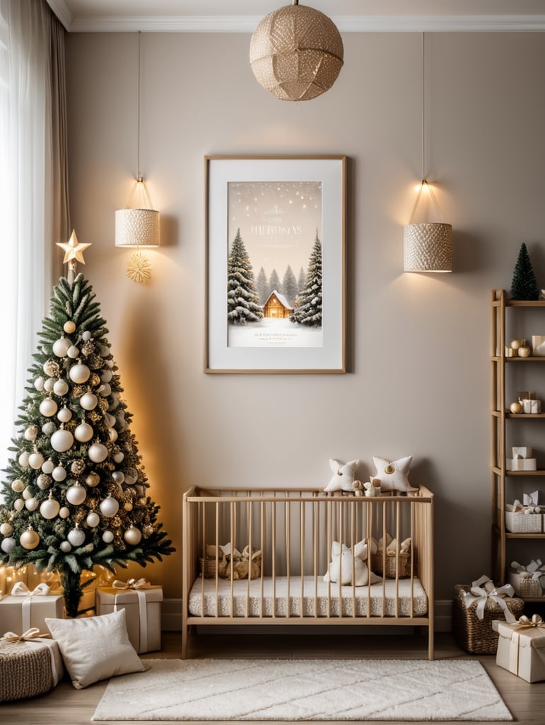 vertical frame wall mockup, nursery with christmas decorations, neutral colors and christmas lights