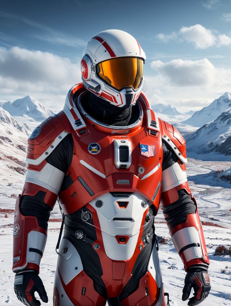 Shay Patrick Cormac in a red and white space suit without a helmet against a Nordic winter landscape.