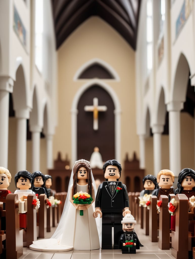 church weeding bride and long hair groom .with priest as a lego character. in church lego scene