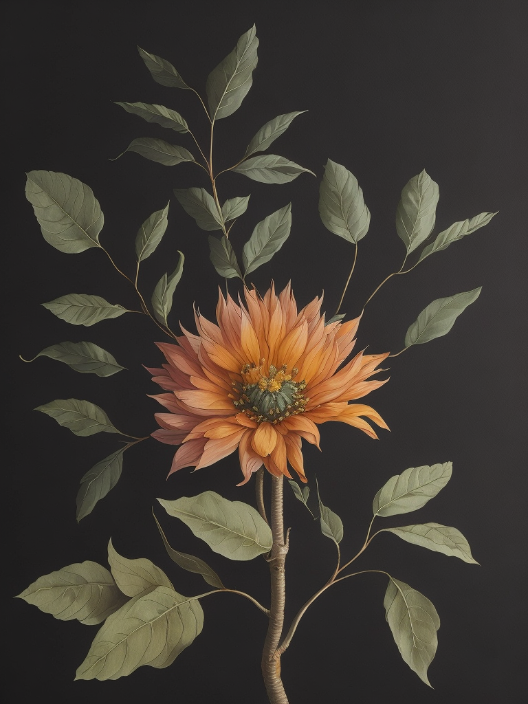 Ashoka Tree Flower, Leaves, Pod, and Seed ,Northern Renaissance,watercolor , gouache, papercraft, fading border,by Martin Schongauer and Maria Sibylla Merian