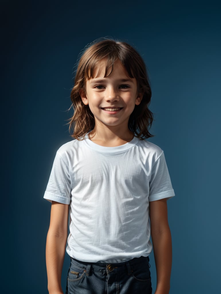 a boy and girl wearing white t-shirts, standing in front of blue background, blank shirts no print, 16 years old smiling toddlers, photo for apparel mock-up