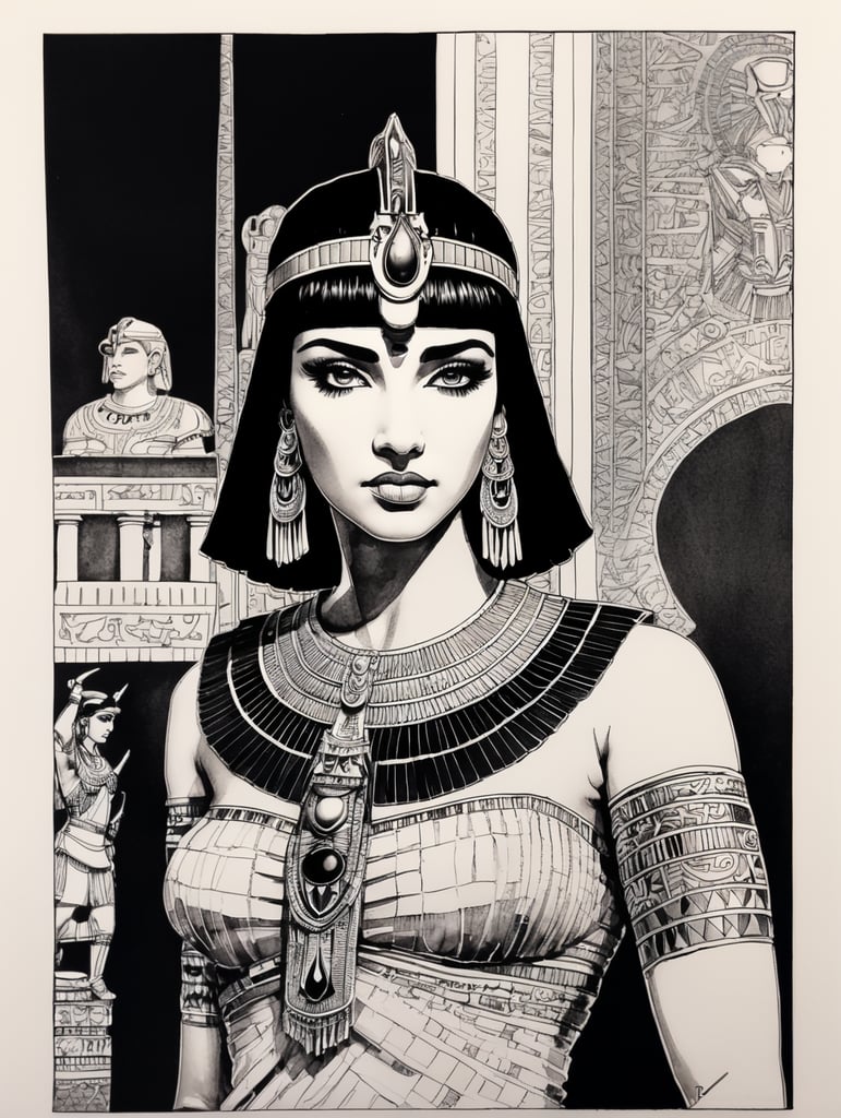 Cleopatra, Ink pen sketch, low light, low detail,
