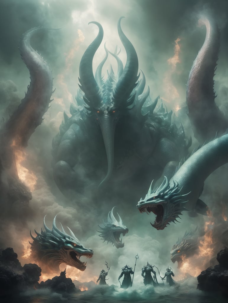 seraphims in hell with leviathan and mermaiids with smoke heads