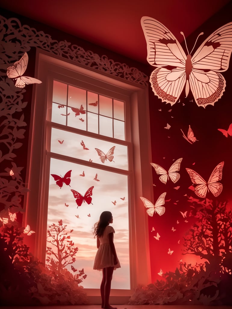Paper cut scene, paper cut girl in the foreground, red lighting behind her, mystical atmosphere, paper cut butterflies flying around