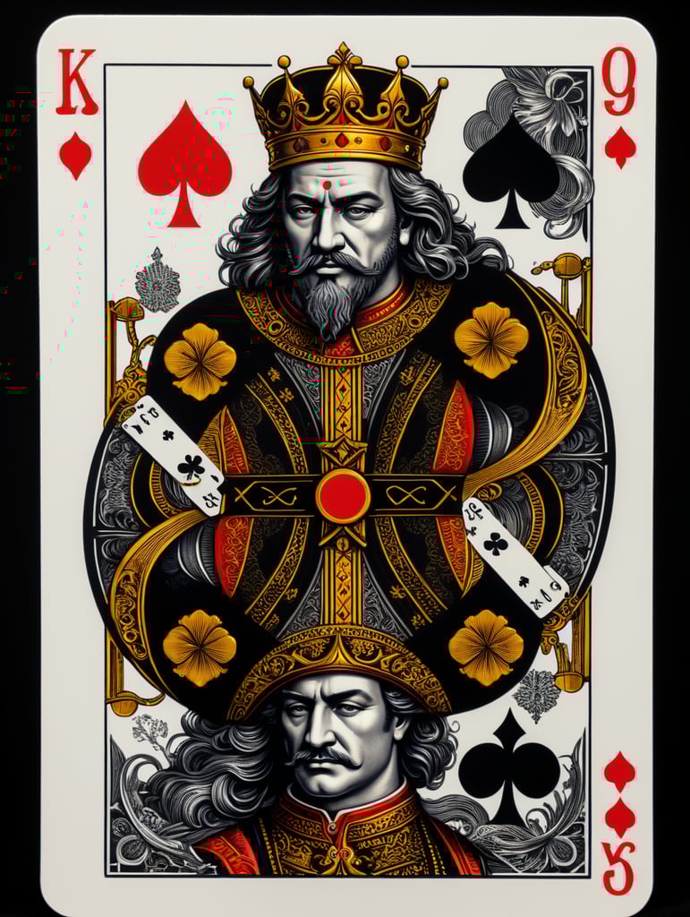 king of clubs playing card, face card, linocut art style, black ink, ultra realism, super detailed, professional shot, bold saturated colors, sharp focus, highly detailed