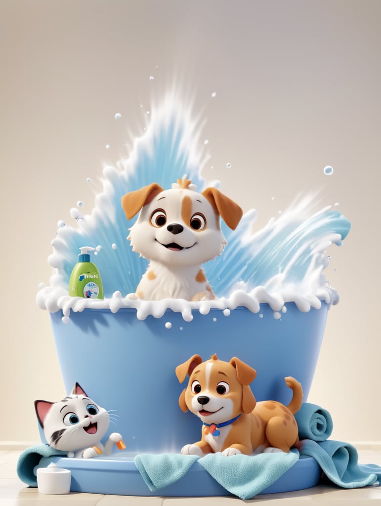 cão e gato a tomar banho com shampo e toalha