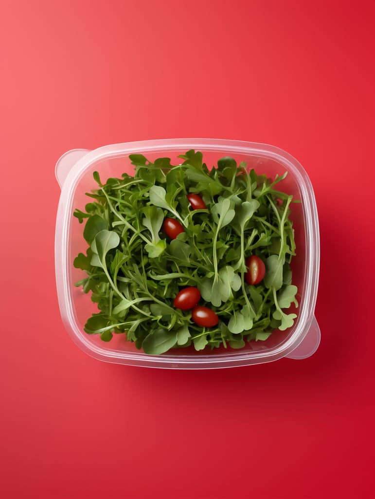 blank Transparent Plastic Container with Arugula Salad, isolated, red background, Mockup, mock up