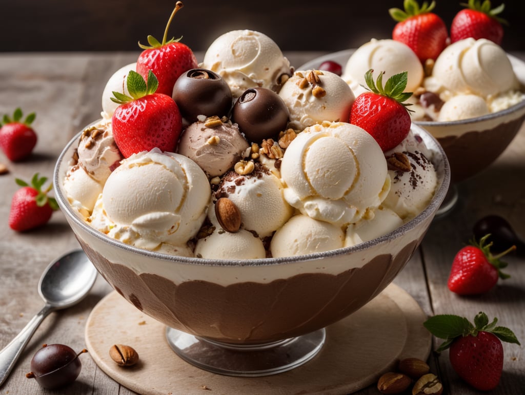 A bowl of ice cream with chocolate, vanilla, and strawberry flavors topped with whipped cream, nuts, and cherries