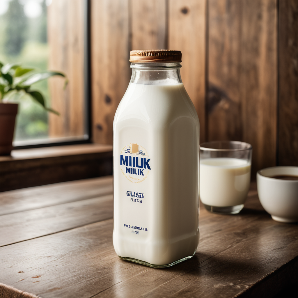 A mockup of a square glass bottle of milk.