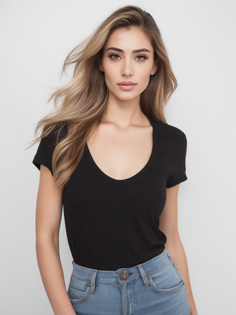 a beautiful women wearing a black t-shirt, white background