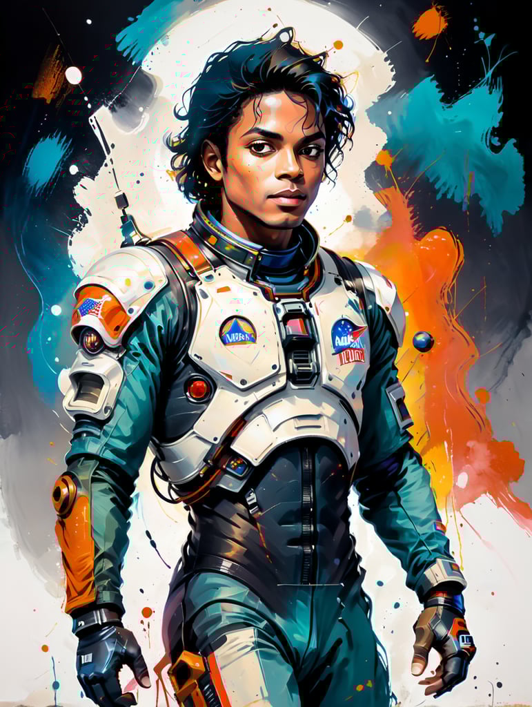 Michael Jackson wearing an astronaut suit while doing the moonwalk. Simple drawing.
