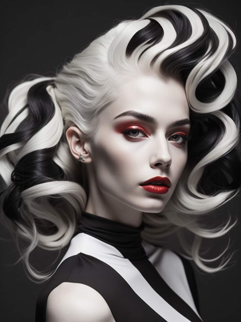 Pale-skinned girl model, wearing a black and white striped dress with a high collar, contrast lighting, Bright red make-up, Black and white curly long hair, dark background, fashion model, magazine cover, professional shot,