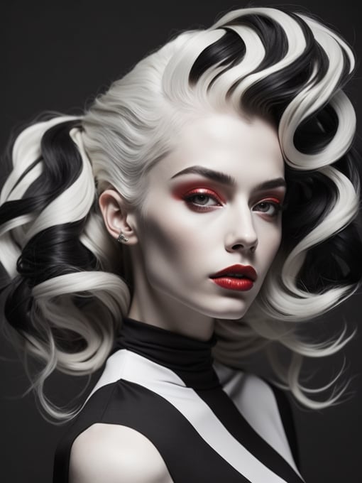 Pale-skinned girl model, wearing a black and white striped dress with a high collar, contrast lighting, Bright red make-up, Black and white curly long hair, dark background, fashion model, magazine cover, professional shot