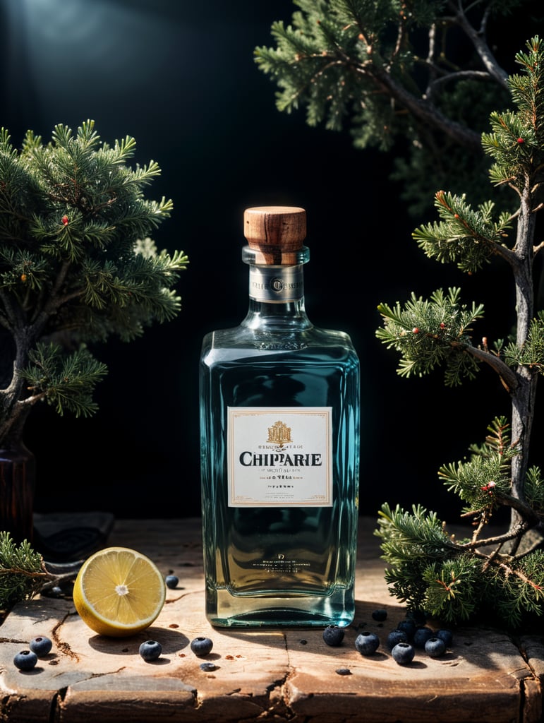 professional photography of a square gin bottle, square bottle, surrounding a juniper and juniper berries, one shot of gin in a front, no label, clear, mockup