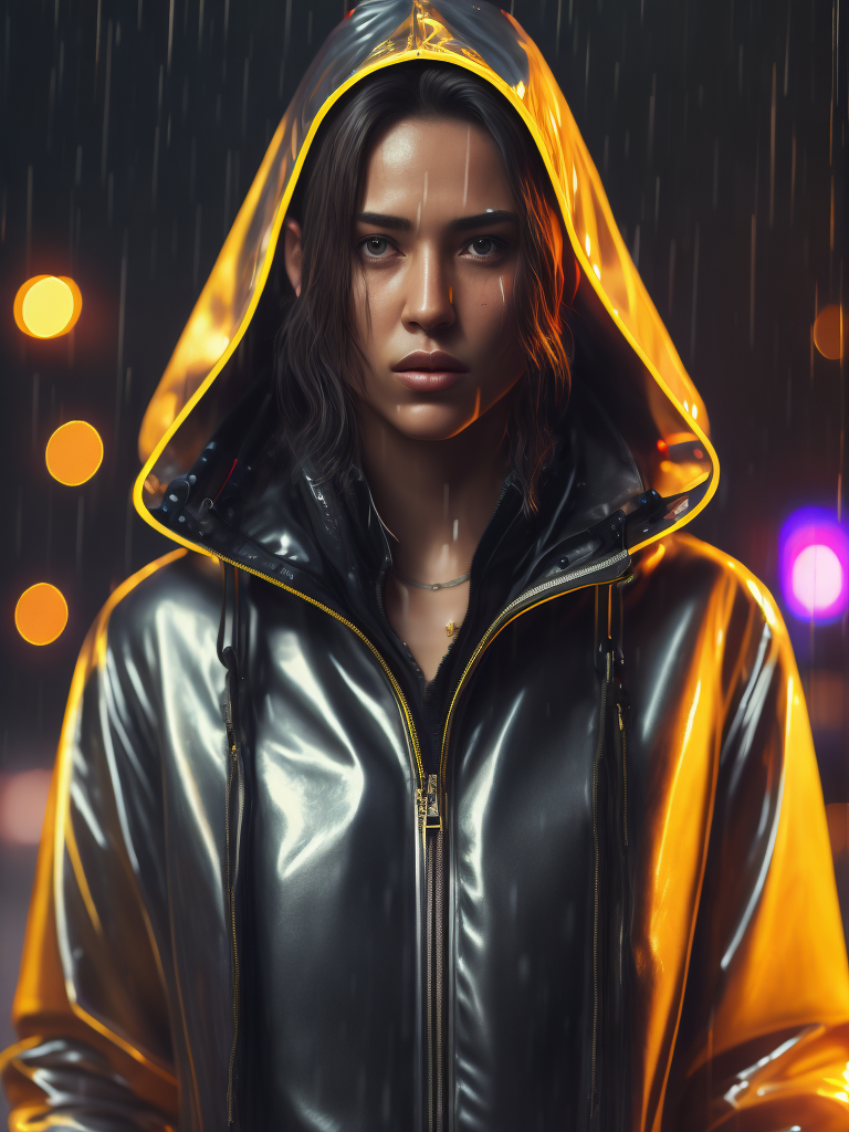 a women wearing ((transparent raincoat)), under the rain, ultra realistic, neon lights