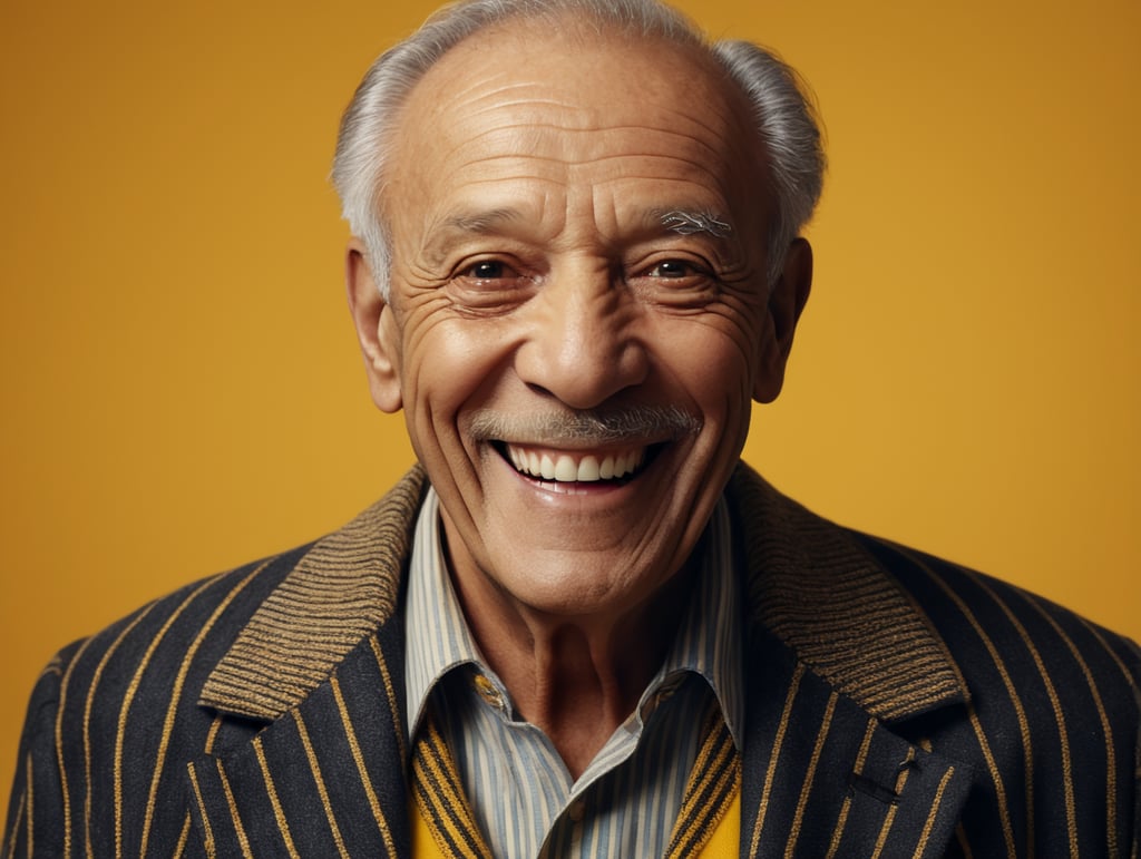 Smiling and cheerful old man in a striped jacket on an isolated yellow background