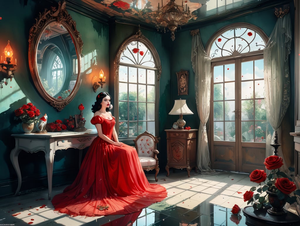 Комната под крышей винтаж стоит колдунья внутри зеркала и принцесса Белоснежка с яблоком в руке и в платье из красных роз. Слезы. Гномы