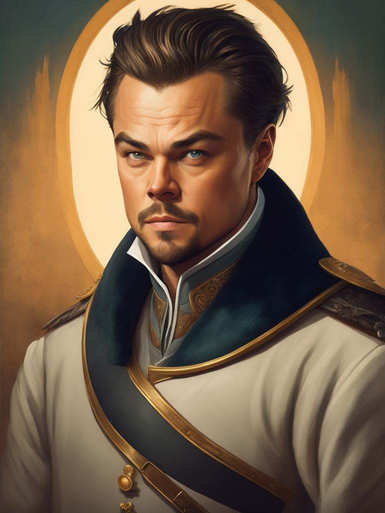 Portrait of Leonardo DiCaprio as a 17th century ship captain, Detailed uniform, Brass buttons, gradient background, contrasting light, detailed face, muted tones