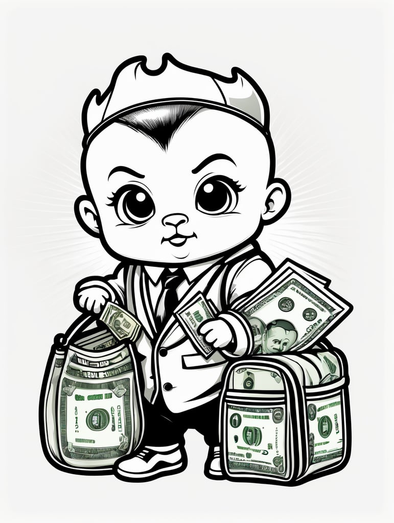 Gangsta baby cheerub boss Sticker with bag of money, in the style of simple black and white line art vector comic art on a white background