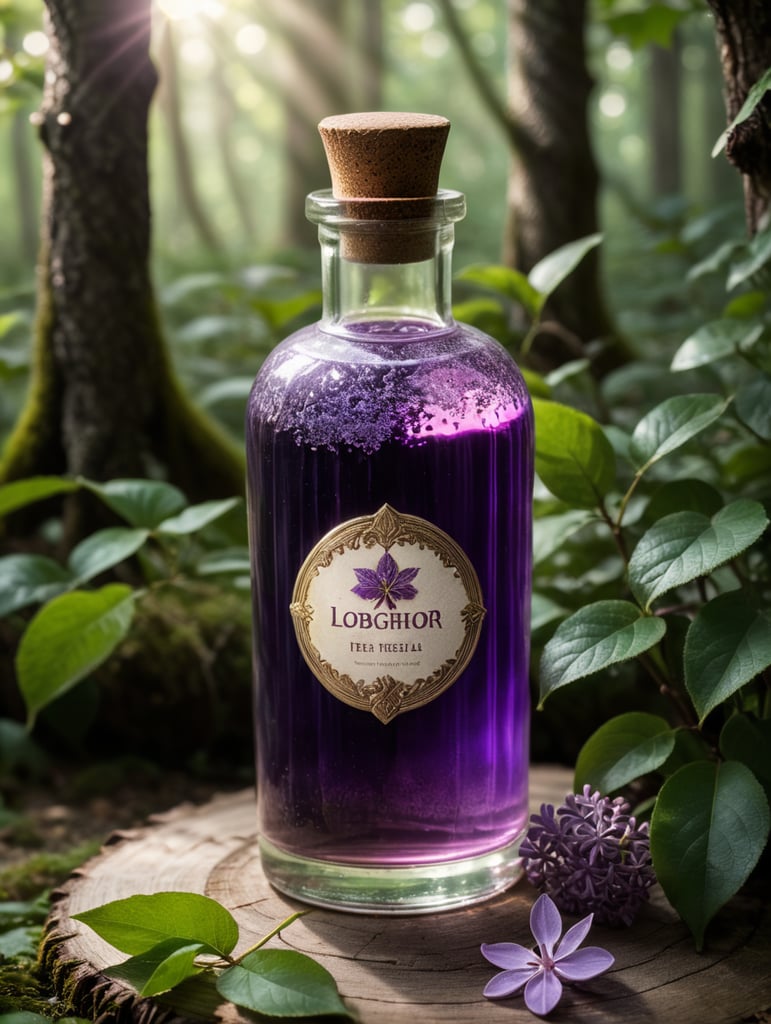 magic lilac bottle with a potion, a potion that gives health, game artifact, close-up, around a magical forest