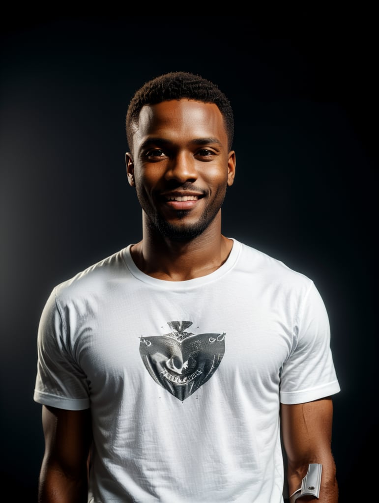 a black African man wearing white t-shirts, standing in front of black background, blank shirt no print, smiling, photo for apparel mock-up