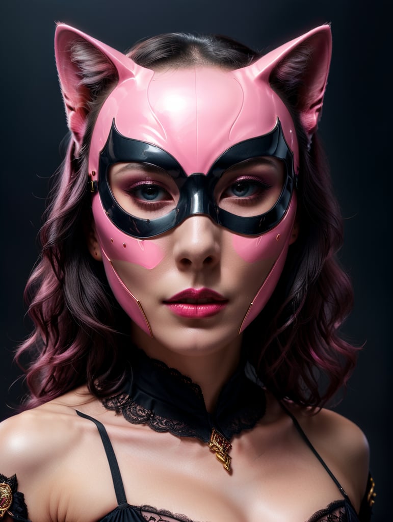 Close up portrait photography, of a gorgeous lady, wearing a pink cat woman mask, 80 degree view, art by sergio lopez, natalie shau, james jean and salvador dali