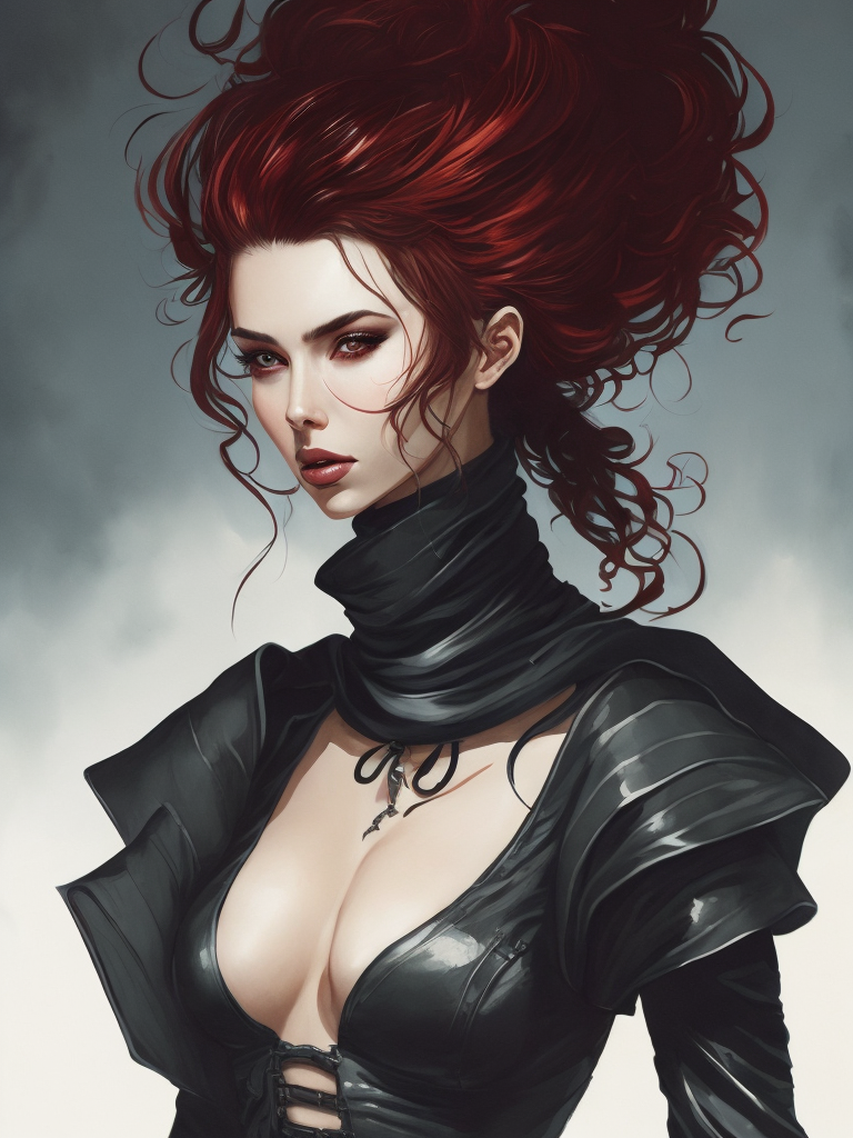 Pale-skinned girl model, wearing a black and white striped dress with a high collar, contrast lighting, Bright red make-up, Black and white curly long hair, dark background, fashion model, magazine cover, professional shot,