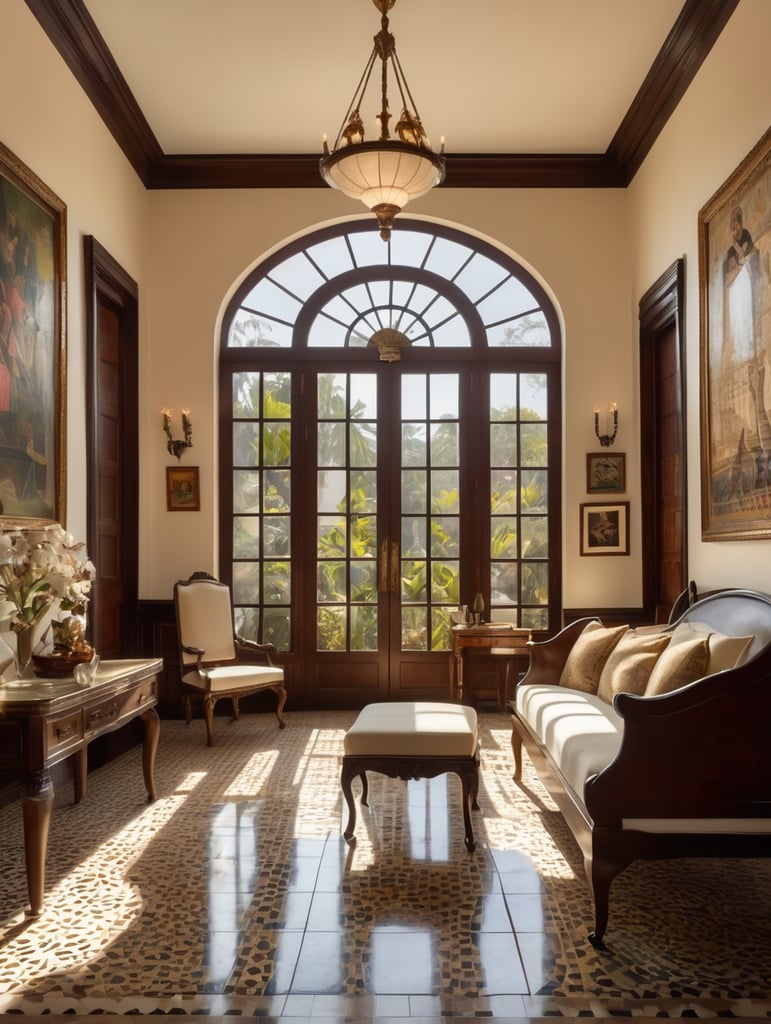 A masterpiece painting of a cuban colonial house bedroom interior, with cuban mosaic floor, a huge window in the right, the light comes from right, and there's a dark wooden colonial chair in the middle, some paintings and portraits, cream colors, central perspective, masterpiece composition