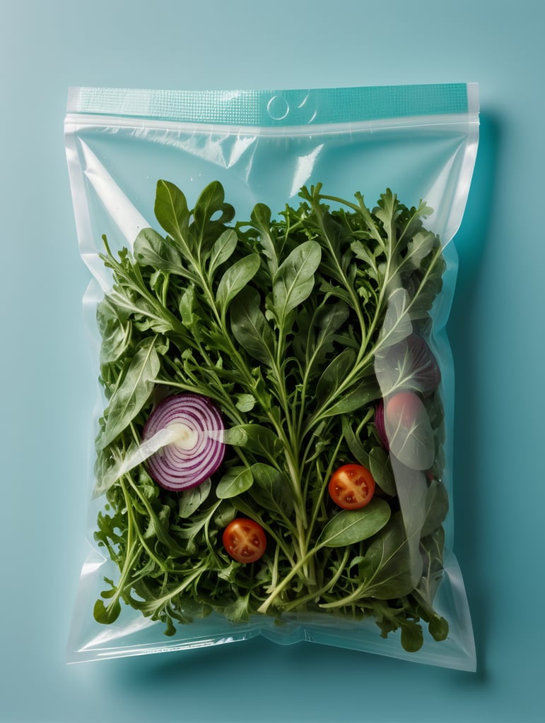 blank Transparent Plastic bag with Arugula Salad, isolated, cyan background, Mockup, mock up