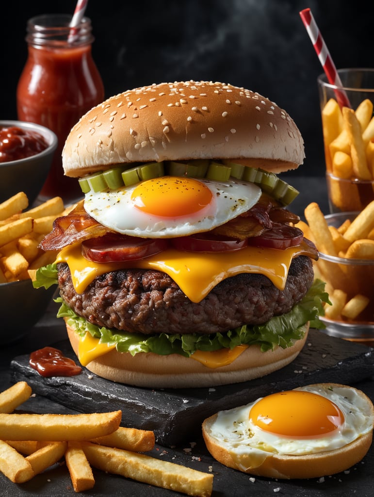 high quality cinematic food explosion hamburger with egg bacon cheese pickles ketchup fries