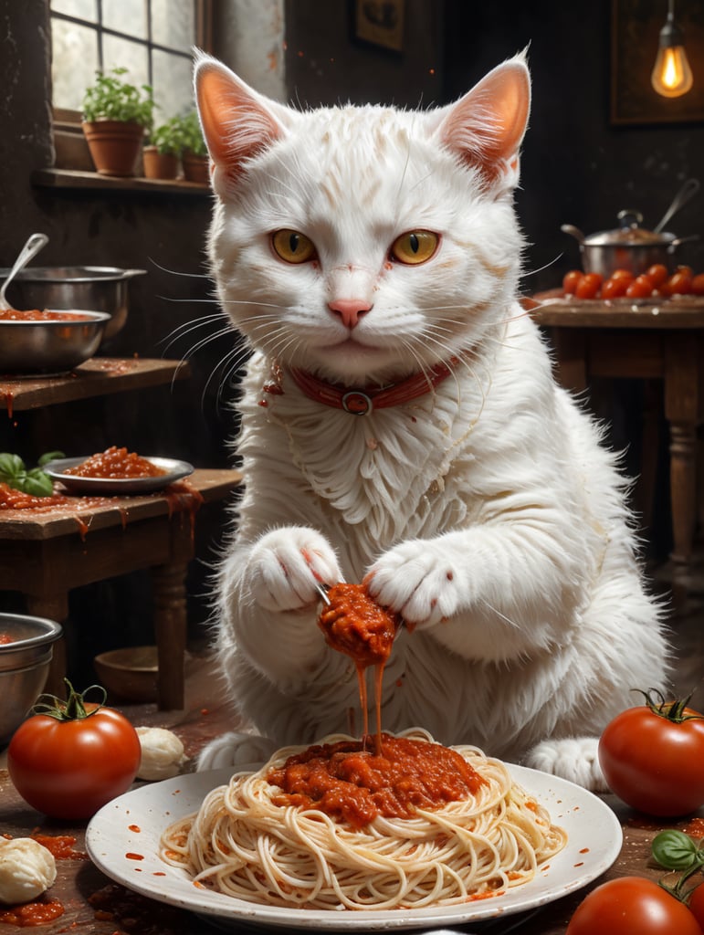 A cute white cat with brown spots eating messy spaghetti with tomato sauce, illustration by Hergé, perfect colours