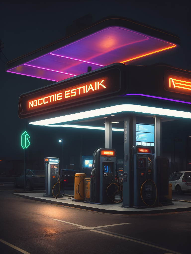 Landscape of a nocturne cyberpunk gas station with neon light, digital art, workstation, incredible high details