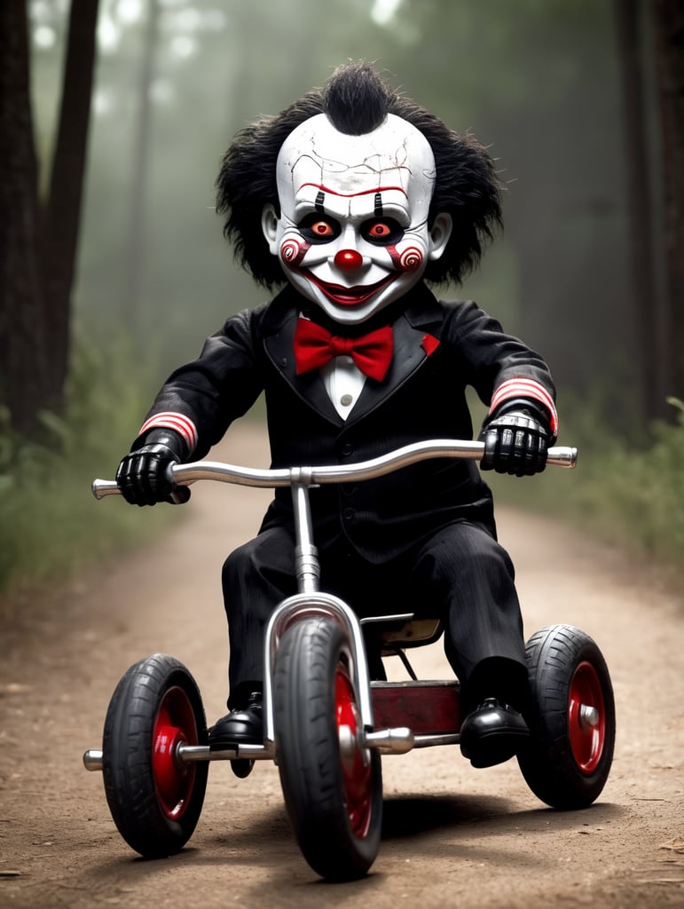 Billy the puppet from the movie saw drifting on his tricycle, highly detailed and resolution