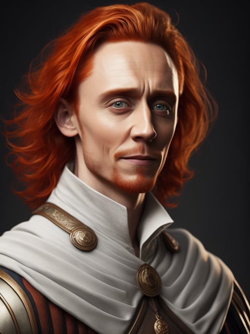 Portrait of Tom hiddleston with red hair in medieval style, detailed face, contrasting light