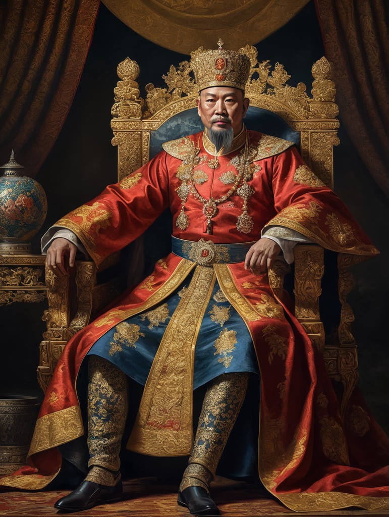 An 18th century painting of a vietnamese emperor sitting down, wearing european clothing and an asian imperial crown