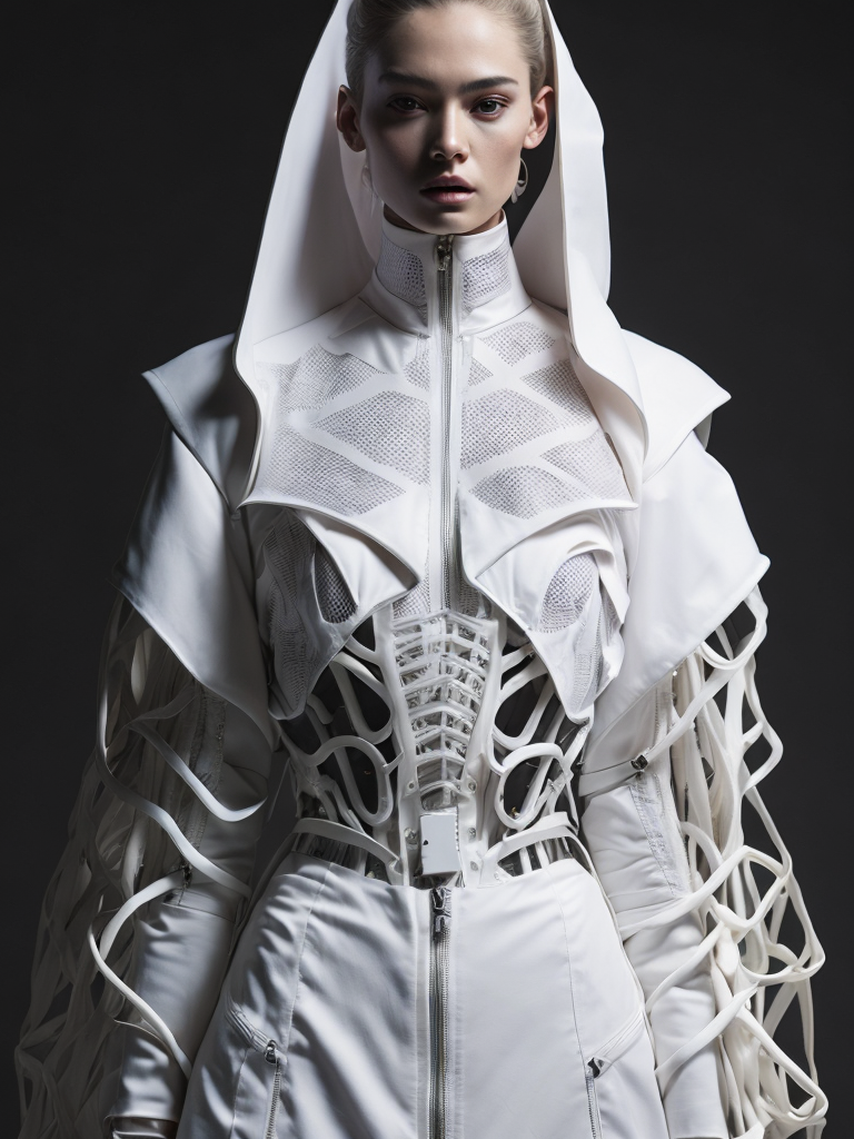 Wearable architecture, architectural fashion accessories exoskeleton, structured, skeletal futuristic streetwear fashion runway look, elegant, intricate, 3d printed, bone like structured fashion, slits, fragments, fractures, geometric, wireframe fashion, skin underneath, see through, vogue japan, gundam, hd, cover, epic, focus, ultra sharp, hyper detailed, epic, focus, ultra sharp, hyper detailed, dystopian fashion, fifth element, futuristic, luxury, elite, cinematic, exoskeleton fashion, nike, y3, yeezy