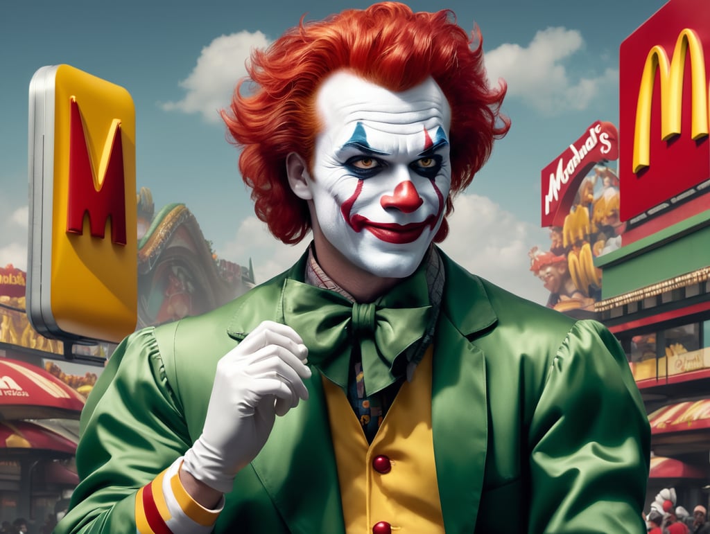 Ronald Mcdonald Joker image with mcdonald's iconic logo billboards and fantasy background