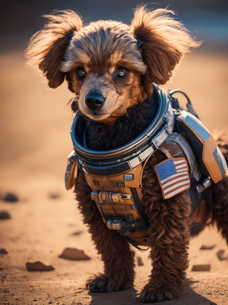 A curly poodle like a Rocket Raccoon from Guardians of the Galaxy wearing astronaut costume on the Mars