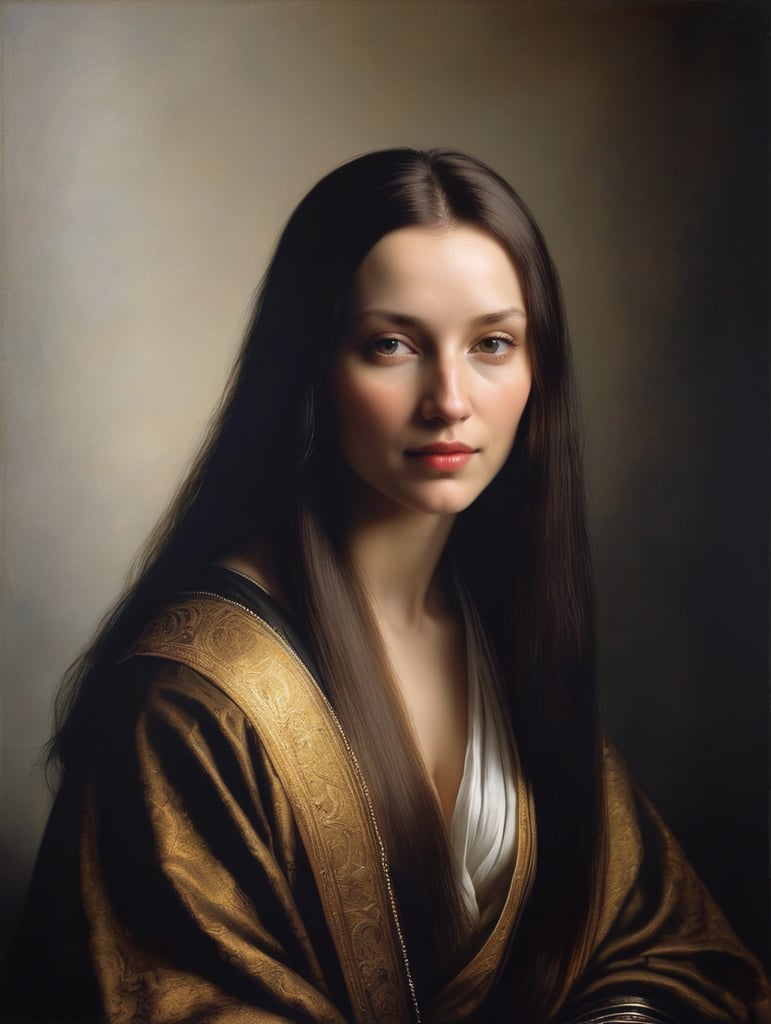A masterpiece portrait by Rembrandt Van Rijn of a beautiful saint woman, straight hair