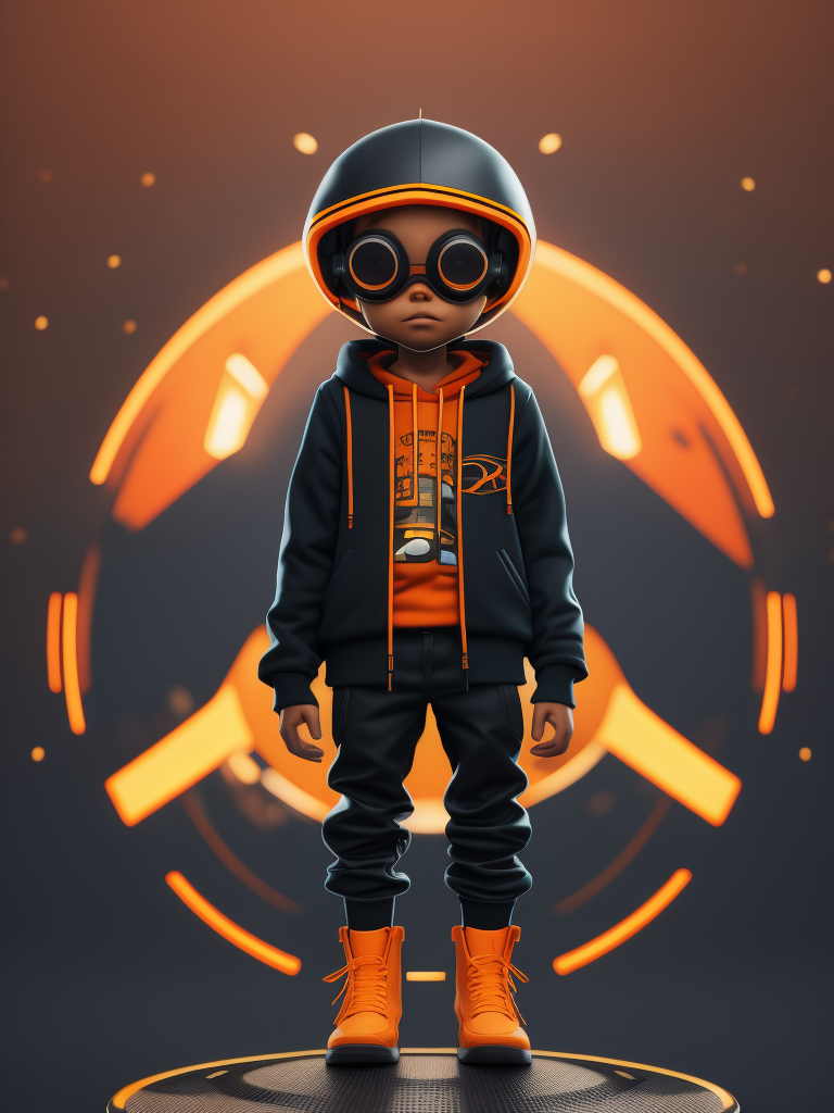 Orange cute style chatbot wearing stylish hoodie clothes, astro boy sneakers and a futuristic glasses